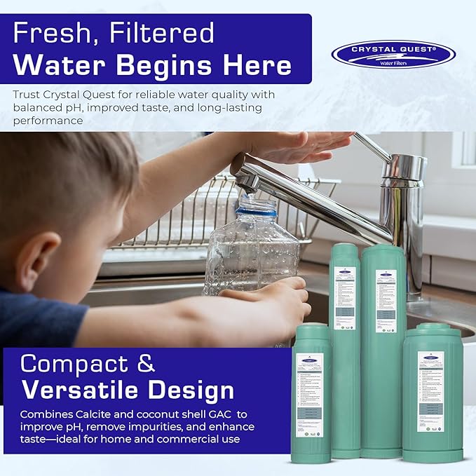Crystal Quest Calcite & Coconut Shell GAC Water Filter Cartridge – pH Balancing, Dual-Stage Filtration, Removes Impurities, Enhances Taste – Fits Countertop & Inline Systems 4-5/8” x 20”