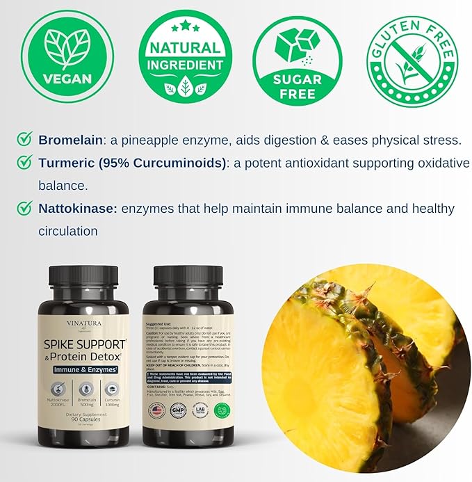 Spike Protein Detox - Curcumin 1000 mg, Bromelain 500 mg, Nattokinase 2000 FU - Enzyme Complex for Detox & Protein Balance, Ultimate Spike Support Supplement - 90 Capsules