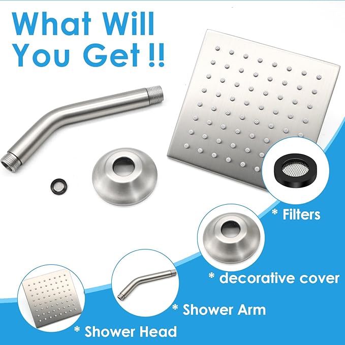 6 Inch Square Shower Head Stainless Steel High Pressure Rain Shower Heads with Extension Arm Adjustable Angle Replacement Shower Head for Modern Bathroom (Square, Brushed Nickel)