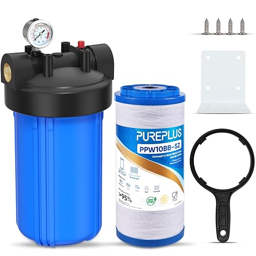PUREPLUS 1-Stage Whole House Water Filter, with Iron Manganese Reducing Water Filter, for Well Water, 10"x4.5" Universal Housing