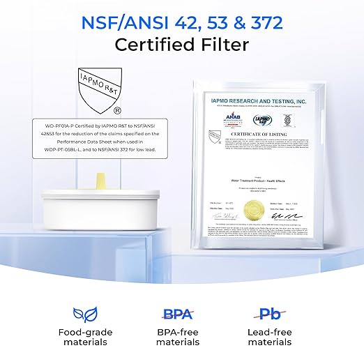 Waterdrop Large Glass Water Filter Pitcher, Eco-Friendly, with 1 NSF 53&42&372 Certified Filter, 10-Cup, Reduces PFOA/PFOS, Chlorine, Cadmium, Copper, Mercury, BPA Free, Easy to Clean, Black
