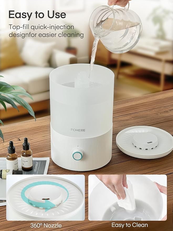 FOHERE Humidifiers for Bedroom, 3.2L Top Fill Cool Mist Ultrasonic Humidifier for Baby Rooms and Plants, 2-IN-1 Essential Oil Diffuser with 7-color Light and Auto Shut-off, BPA-Free, Quiet, White