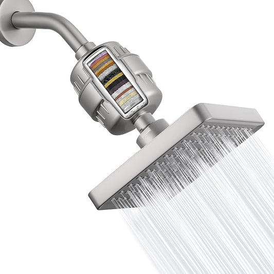 High Pressure Filtered Shower Head Set, 6’’ Rain Shower Filter for Hard Water, Universal Square Showerhead 20 Stage Filtration Removes Impurities for Rejuvenated Skin by Eolax, Brushed Nickel