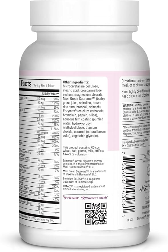 Maxi Health Prenatal Vitamins for Women – One Daily Prenatals with Iron, Folate, Choline, Vitamin D3, and Essential Nutrients – High Absorption Supplement for Pregnancy and Preconception – 60 Tablets
