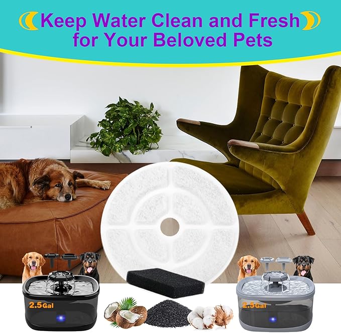 6 Pack Dog Water Filter Replacement for 2.5Gal/9.5L Dog Water Fountain,18CM Larger More Activated Carbon Cat Water Fountain Filter,Pet Fountain Filter Replacement