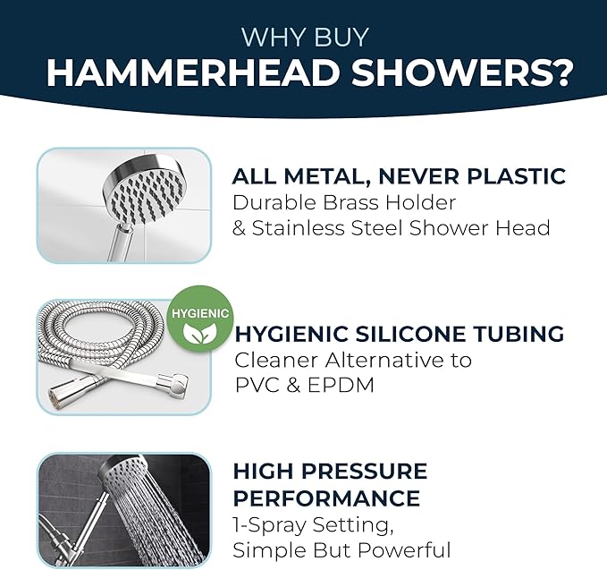 HammerHead Showers® Solid Metal Handheld Shower Head with Hose and Brass Holder - CHROME - 2.5 GPM High Pressure Shower Heads with Adjustable Shower Wand Bracket - 6ft Flexible Extension
