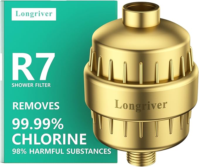R7 Shower Filter High Put Shower Water Filter for Hard Water 99.99% Remove Chlorine, Heavy Metals, Shower Water Softener, Improve your skin and hair, Bathroom Fixture Hardware Parts, Brushed Gold