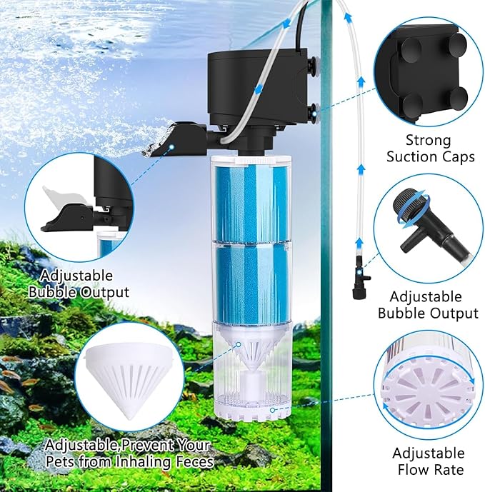 fishkeeper Aquarium Filter, Fish Tank Filter with Adjustable Bubble Output, Ultra Silent Filtration/Oxygenation/Circulation & Physical Sponge Double Filtration for 25 to 75 Gallon Tank