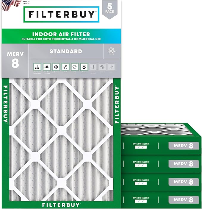 Filterbuy 20x30x2 Air Filter MERV 8 (MPR 700) Dust Defense Replacement (5-Pack), Electrostatic Pleated HVAC AC Furnace Filters, Made in USA (Actual Size: 19.75 x 29.75 x 1.75)