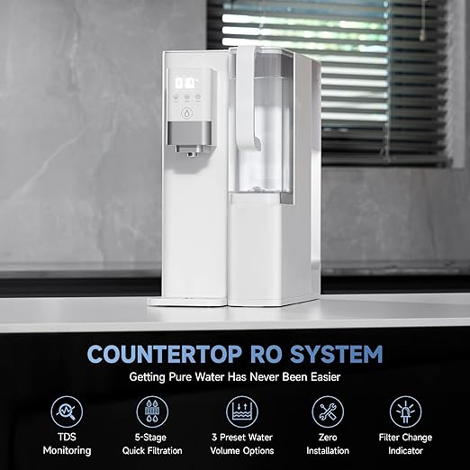 CO-Z Reverse Osmosis Water Filter Countertop, 5-Stage RO Water Filtration System, Portable Water Purifier Dispenser with 3 Preset Volume Options, 4:1 Pure to Drain, NSF/ANSI 58, No Installation