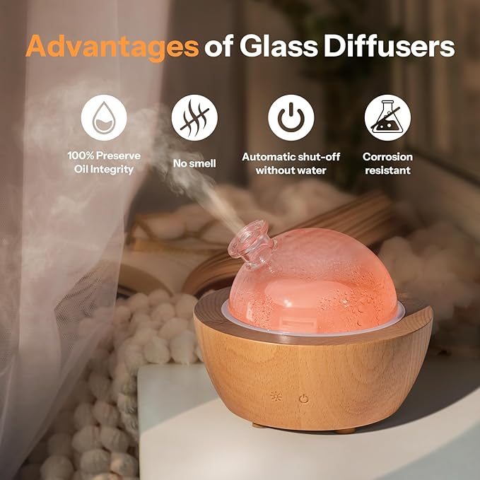 Wanlola 200ml Glass Essential Oil Diffuser with Natural Wood Base, Aromatherapy Diffusers for Home, Cool Mist Air Humidifier with 7 Color Lights for Office, Bedroom