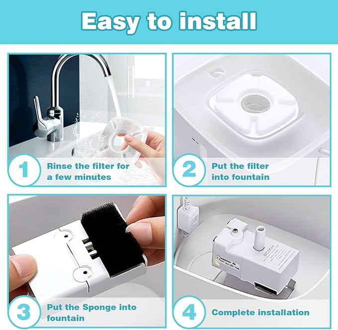 16 Pcs Cat Water Fountain Filter, Replacement Filters & Sponges for Pet Water Fountain, 8 Filters + 8 Sponges for Automatic Pet Fountain, Compatible with Veken 95oz, 67oz, 135oz Pet Dispensers