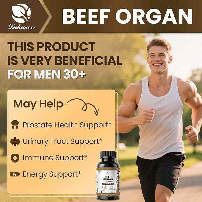 Beef Organ Supplement for Men, 14-in-1 Complex - Beef Liver, Kidney, Heart, Saw Palmetto, Chanca Piedra, Supports Prostate Health, Overall Wellness - Grass Fed & Pasture Raised - 120 Capsules