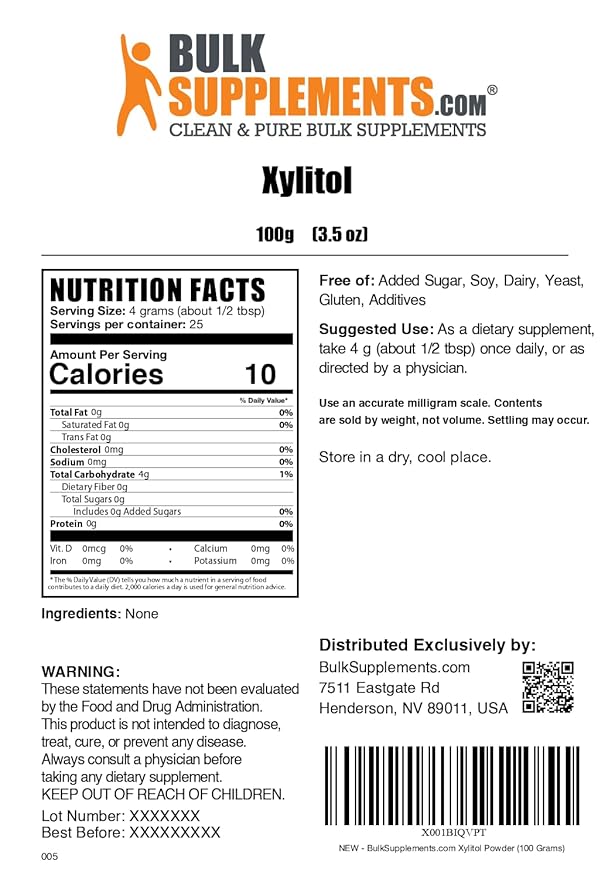 BulkSupplements.com Xylitol Powder - Xylitol Sweetener, Sugar Substitute For Baking & Cooking - Low Calorie & Gluten Free, 4g per Servings, 100g (3.5 oz) (Pack of 1)