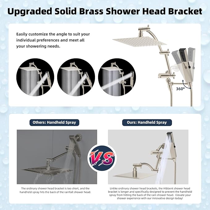 Hibbent All Metal 8'' Rainfall Shower Head, Shower Head Combo, High Pressure Handheld Shower Wand, 4 Sprays, 16'' Adjustable Arc-shaped Extension Arm, 71'' Hose, Showerhead Holder, Brushed Nickel