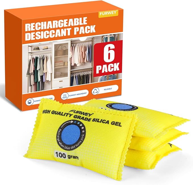 100g (6 Packs) Rechargeable Desiccant Packs for Storage, Color Indicating Silica Gel Desiccant Packets, Moisture absorbers for storage,Dehumidifier bag for Closets,Cars,Storage Bins