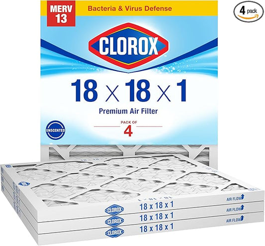 Clorox Air Filters 18x18x1 Furnace Filter, MERV 13 Pleated HVAC AC Furnace Air Filters, MPR 1500 & FPR 10 – Pack of 4