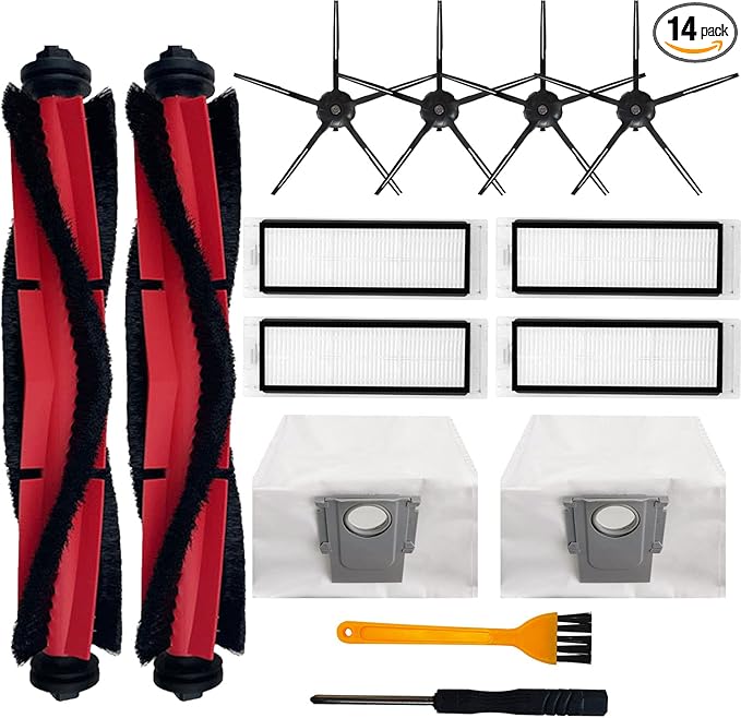 Replacement Accessories Kit Compatible With Roborock Q5 Q5+ Q5 Plus Robot Vacuum Cleaner,1 Main Brush,4 Side Brushes,4 Hepa Filters,2 Dust Bags (14 PCS)