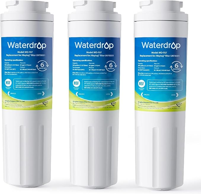 Waterdrop EDR4RXD1 Replacement for EveryDrop® Filter 4, Whirlpool® UKF8001, 4396395, Maytag® UKF8001AXX-200, UKF8001AXX-750, WD-F07, Refrigerator Water Filter, 3 Filters (Package May Vary)