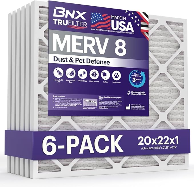 BNX TruFilter 20x22x1 Air Filter MERV 8 (6-Pack) - MADE IN USA – Dust & Pet Defense Electrostatic Pleated Air Conditioner HVAC AC Furnace Filters for Dust, Pet, Mold, Pollen MPR 600 – 700 & FPR 5