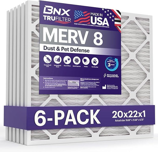 BNX TruFilter 20x22x1 Air Filter MERV 8 (6-Pack) - MADE IN USA – Dust & Pet Defense Electrostatic Pleated Air Conditioner HVAC AC Furnace Filters for Dust, Pet, Mold, Pollen MPR 600 – 700 & FPR 5