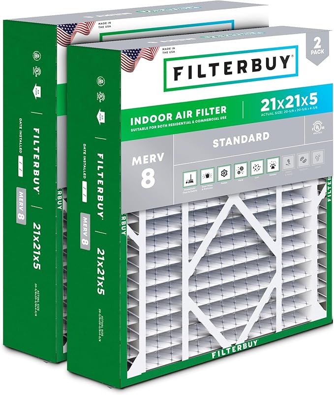 Filterbuy 21x21x5 Air Filter MERV 8 Dust Defense (2-Pack), Pleated HVAC AC Furnace Air Filters Replacement for Rheem, Ruud, and Protech (Actual Size: 20.63 x 20.63 x 4.38 Inches)