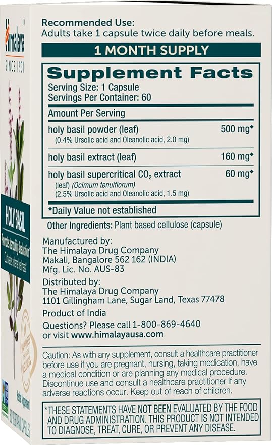 Himalaya Holy Basil, 30 Day Supply - Herbal Adrenal Support for Stress Relief, Relaxation, Energy Support and Occasional Sleeplessness - Vegan, Non-GMO, Gluten Free, 720 mg, 60 Capsules