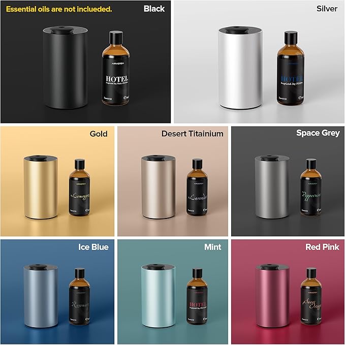 Waterless Essential Oil Diffuser for Home Aromatherapy Scent Diffusers with 1/3/6h Timer Settings or Timer-Off, 3 Mist Levels for Car Room Studio Office, ANX Premium Metal Black 2 Pack