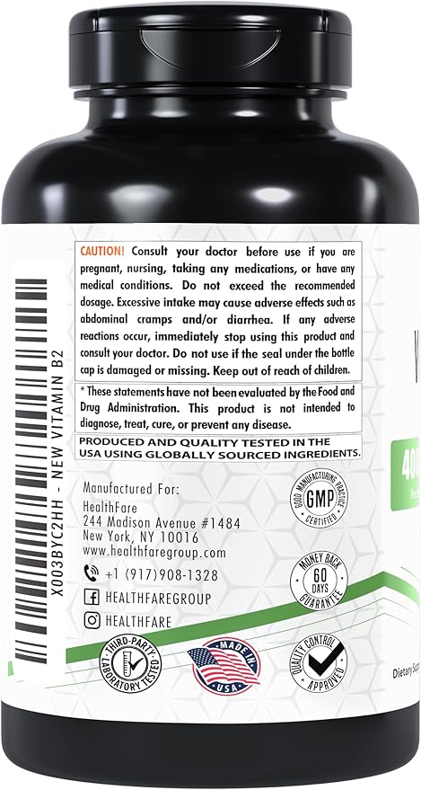 Vitamin B2 Riboflavin 400mg | 180 Veg Capsules | Supplement | Gluten-Free | Non-GMO