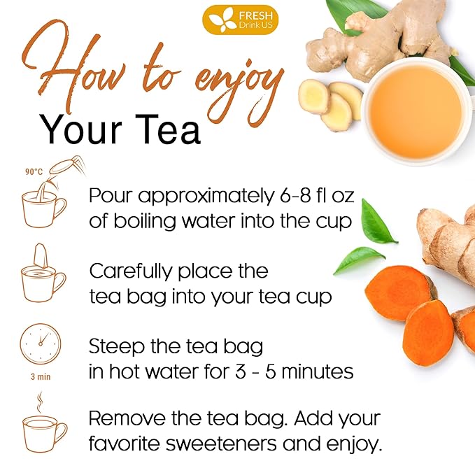 FRESHDRINKUS Premium 65 Turmeric Ginger Tea Bags, 100% Natural Ingredients, Hand-made Blend of and Ginger, Eco-conscious Bags. Herbal Tea. No Sugar, Caffeine, Gluten, Vegan.