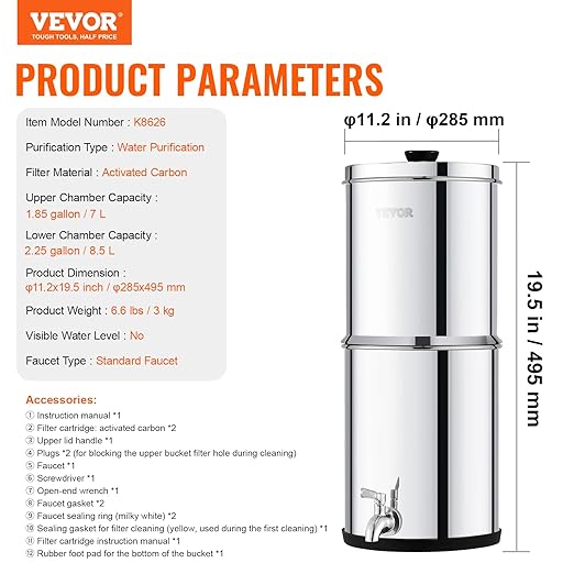VEVOR Gravity-fed Water Filter System, 2.25G 304 Stainless-Steel Countertop System, Water Filtration System, Reduces Lead and up to 99% of Chlorine, with 2 Carbon Filters & Spigot, for Home Camping RV