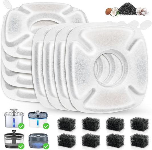 16 Pack Cat Water Fountain Replacement Filters, 8 Pcs Cats Fountain Filters & 8 Pcs Pre-Filter Sponges for 95oz/2.8L 135oz/4L 67oz/2L Automatic Pet Dog Fountain Water Dispenser Filter