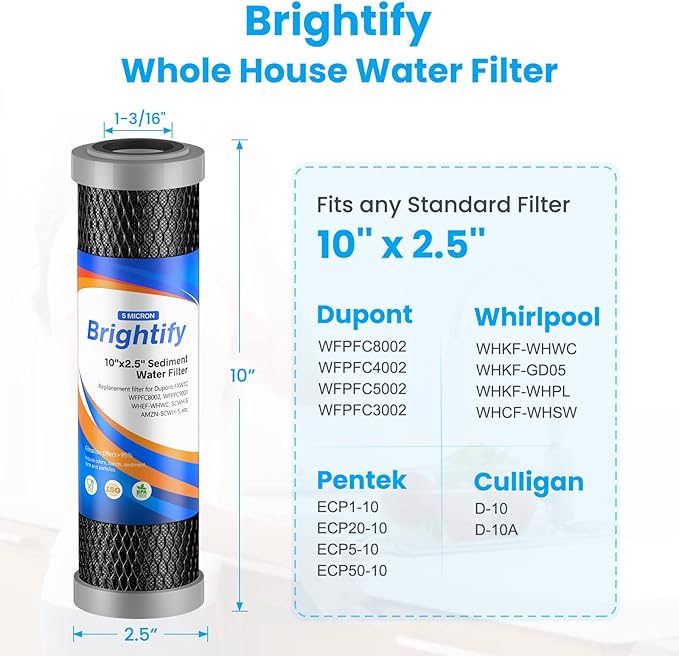 Brightify 10"x2.5" 5 Micron Carbon Water Filter, Whole House Carbon CTO Water Filter Cartridge Replacement Fits Culligan D-10A, P5-D, DuPont WFPFC8002, SCWH-5, GE FXWTC, Whirlpool WHCF-WHWC, 4 Pack