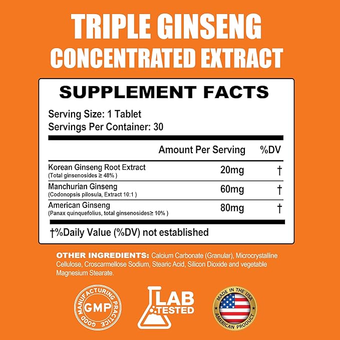 Triple Ginseng Complex, Ultra Potency 15% Ginsenosides from 3 Panax Ginseng Extract for Energy, Memory, Vitality & Immune Support, Healthy Aging for Elderly, 30 Tablets