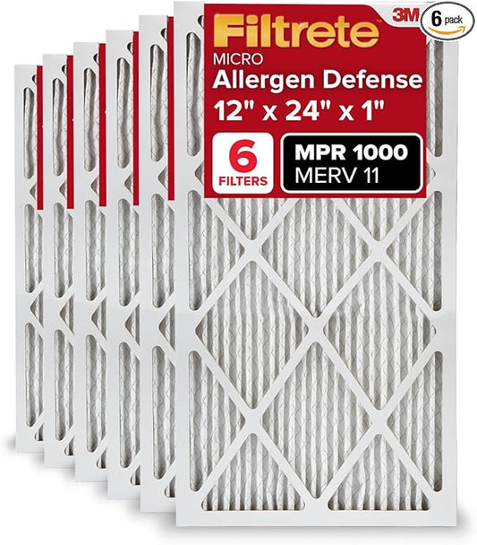 Filtrete 12x24x1 AC Furnace Air Filter, MERV 11, MPR 1000, Micro Allergen Defense, 3-Month Pleated 1-Inch Electrostatic Air Cleaning Filter, 6 Pack (Actual Size 11.69x23.69x0.81 in)