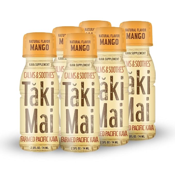 Taki Mai Mango Kava Kava 2.5 oz (6-pack) Shots – Noble Kava Root Drink, Ready to Drink for Stress Support & Relaxation, Fast Acting Herbal Support for Calming Better Sleep and Balanced Mood