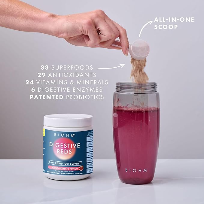 BIOHM Digestive Reds, Superfood Powder (7.4 Oz, 30 Servings) Antioxidants, Vitamins, Probiotics, Digestive Health for Women and Men with Enzymes, Beets, Goji, Pomegrante, Red Berry Flavor