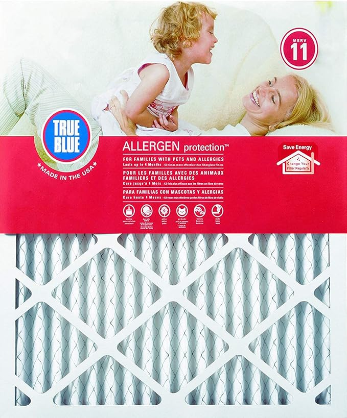 True Blue 20x25x1 MERV 11 Allergen Air Filter (4-Pack) | Electrostatic Pleated HVAC AC Furnace Air Filter | Replacement Filter for Home Use | Made in USA