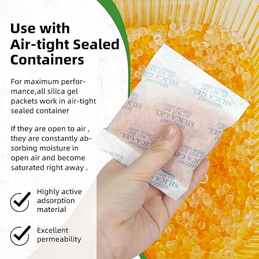100 Gram (10 Packets) Silica Gel Packets, Desiccant Packs Silica Gel Desiccant Packets for Storage Rechargeable Moisture Absorbers Bags with Indicating Beads
