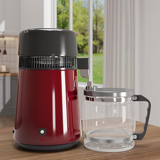 GarveeHome Water Distillers for Home Countertop, 1Gal/4L Stainless Steel Distilled Water Machine with Glass Container, 750W Desktop Drinking Purifier Filter Distilling Kit, Red