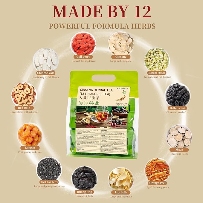 Ginseng Herbal Tea 12 Treasures – Natural Kidney & Liver Wellness Detox Tea, Caffeine-Free Chinese Herbal Blend with Red Dates, Goji Berry,Ginseng, Maca – 25 Individually Wrapped Pyramid Tea Bags (250 g)