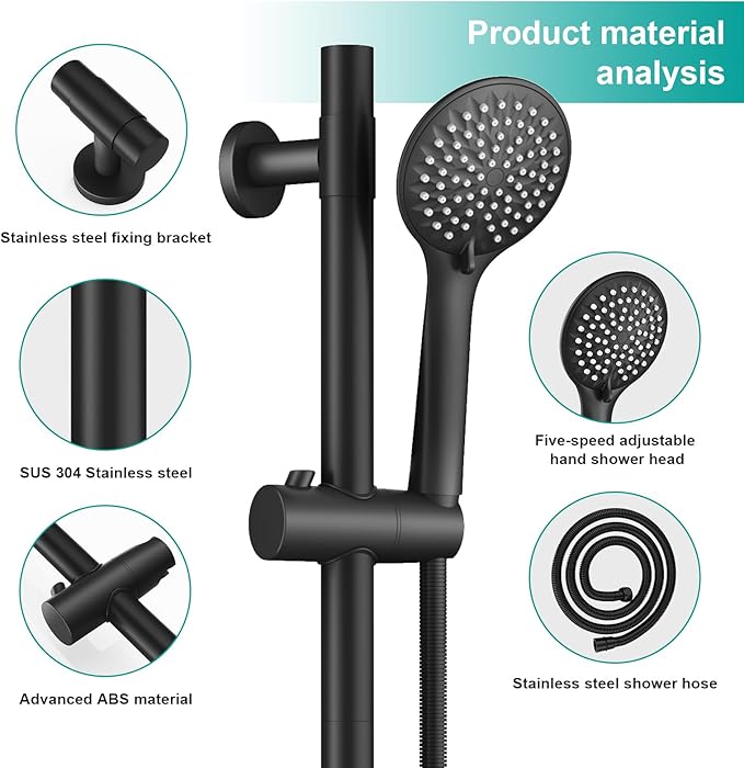 Shower Slide Bar Handheld Shower Head with Hose, 5-Function Hand Shower with Wall Mount，shower slide bar,adjustable height shower head (A-round, Matte Black)