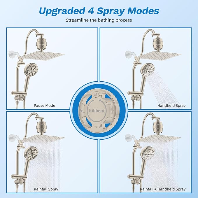 Hibbent Dual Filter All Metal 10"Rainfall Showerhead Combo, High Pressure Filter Shower Head with 10-Spray Mode Handheld, 4-way Diverter with Pause Mode, 71'' Shower Hose and Holder, Brushed Nickel