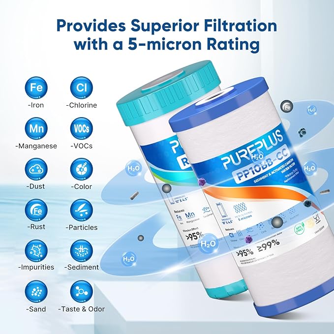 PUREPLUS 5 Micron 4.5"x 10" Whole House Water Filter Combo Kit with Sediment& Carbon, and Iron Reduce Filter, Replacement for GE FXHTC, GXWH40L, GXWH35F, GNWH38S, RFC-BBSA, WRC25HD, RFC-BB, 1PACK