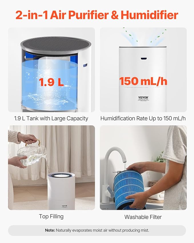 VEVOR 2 in 1 Air Purifier with Humidifier, Covers Up to 1090 ft² in One Hour, True HEPA 11 Filter, 22dB Quiet, Filters Up to 95% of Smoke, Dust, Pet Dander, Air Cleaner for Home, Large Room, Bedroom