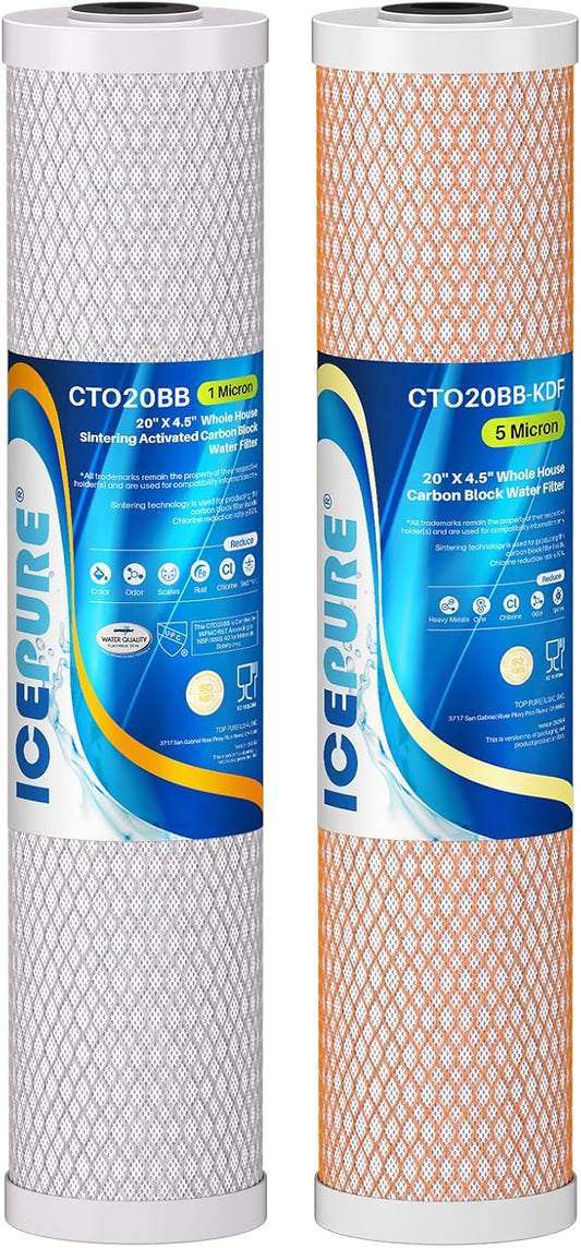 ICEPURE 2-Stage 20" x 4.5" Whole House Water Filter Combo Set, 20 Inch CTO Carbon Block Cartridge and KDF Heavy Metal Removal Water Filter Replacement for FC25B, CB-BB-20, DB20P, Pack of 1
