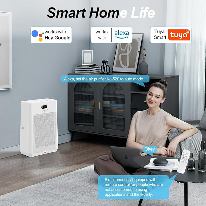 Air Purifiers for Home Large Room Covers Up to 2277 Ft², 22 dB HEPA Air Purifiers for Home Bedroom, Smart WiFi & Remote Control, Air Quality Monitor, Timer, Child Lock, KJ-520, White