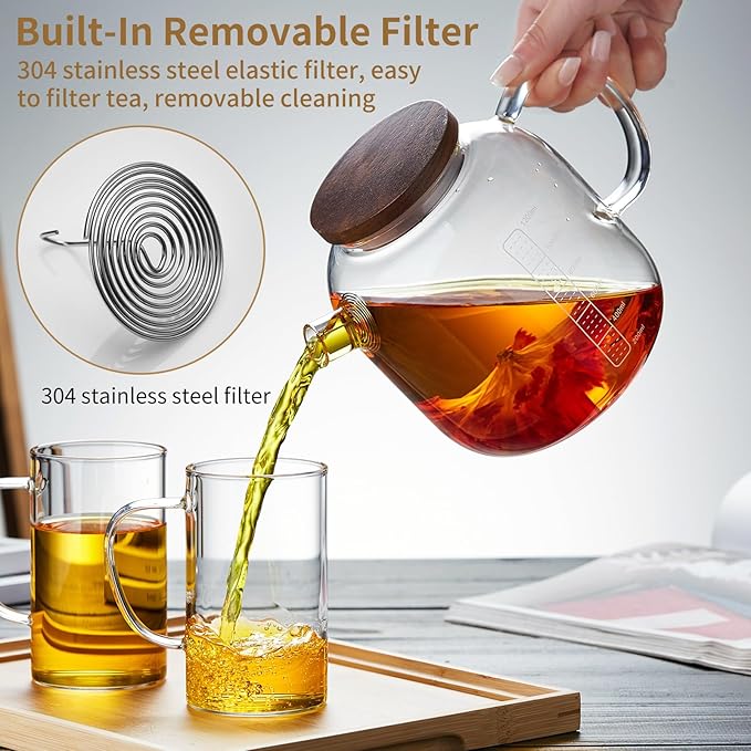 Glass Pitcher with Lid and Spout, 40OZ Glass Water Jug, Glass Carafe for Hot/Cold Water, 1200ml Glass Water Pitcher for Fridge, Glass Teapot, Large Iced Tea Pitcher for Homemade Beverage