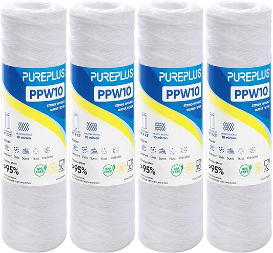 PUREPLUS 10 Micron 10"x2.5" Whole House String Wound Sediment Filter for Well Water, Replacement Cartridge for Universal 10 inch RO System, WP-5, Aqua-Pure AP110, CFS110, Culligan P5,WFPFC4002, 4Pack