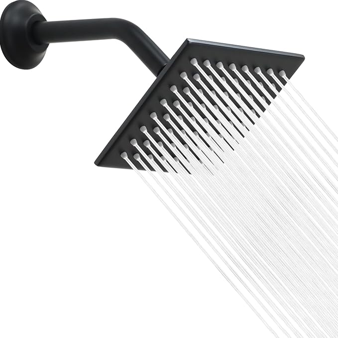 6 Inch Square Shower Head Black Stainless Steel High Pressure Rain Shower Heads with Extension Arm Adjustable Angle Replacement Shower Head for Modern Bathroom (Square, Black)
